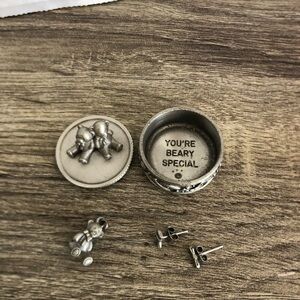 Vtg Pewter Bear Trinket Box with Earrings and Pendant